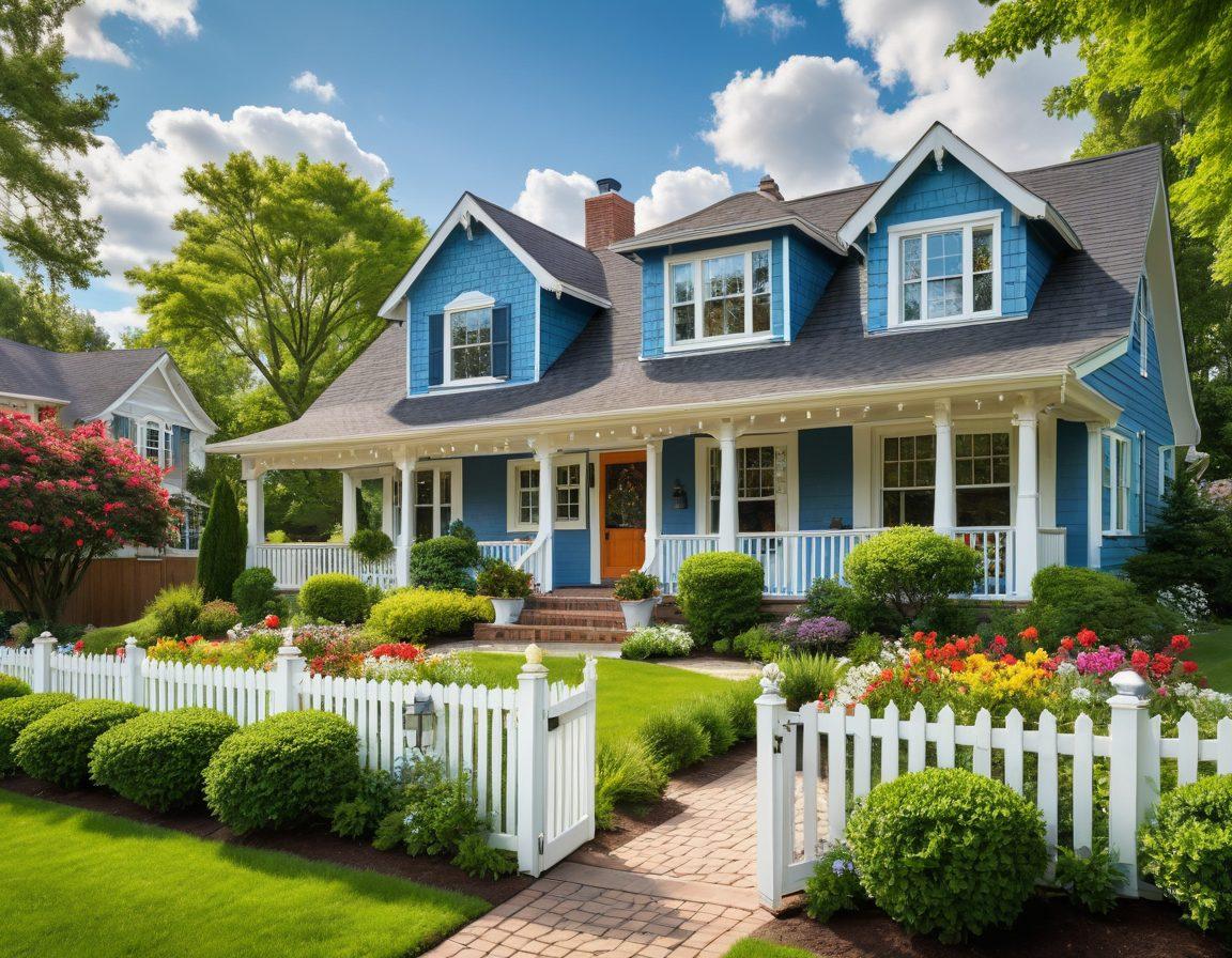 A picturesque suburban neighborhood with charming houses, featuring diverse architectural styles. In the foreground, a joyful real estate agent is showing a happy couple their potential dream home, with vibrant greenery and blue skies in the background. The scene encapsulates warmth, excitement, and professionalism. bright colors. super-realistic.