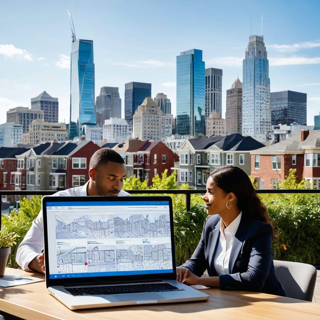 A dynamic city skyline showcasing diverse types of properties: high-rise buildings, suburban homes, and cozy apartments, all under a bright blue sky. In the foreground, a diverse group of real estate experts discussing and analyzing property trends with laptops and charts. Elements like 'For Sale' signs and a map with pinpointed locations enhance the real estate theme. vibrant colors. super-realistic.