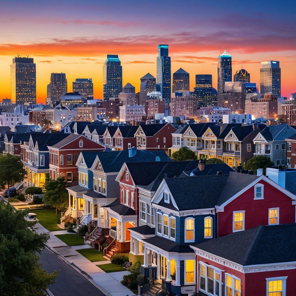A stunning city skyline showcasing both quaint starter homes and luxurious listings, with a diverse group of happy real estate agents engaged in conversations with smiling first-time buyers. Soft sunlight casts a warm glow over the scene, emphasizing a sense of trust and success. Incorporate a subtle gradient in the sky transitioning from day to evening. vibrant colors. super-realistic.